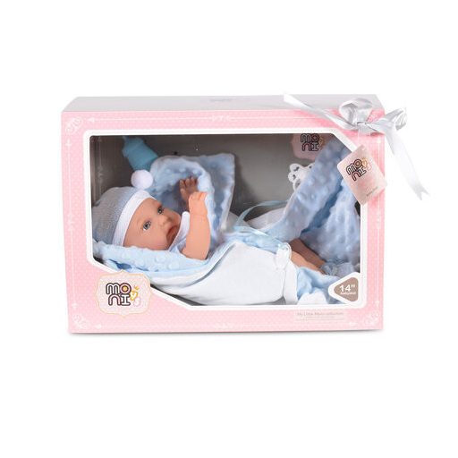 MONI Baba 36 cm-es fiú, takaróval, cumisüveggel vkék