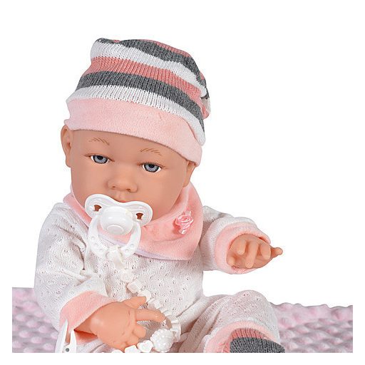 MONI Baba 41 cmes újszülött, cumival, takaróval, szürke csíkos sapiban rózsaszín