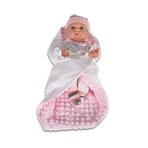 MONI Baba 41 cmes újszülött, cumival, takaróval, szürke csíkos sapiban rózsaszín