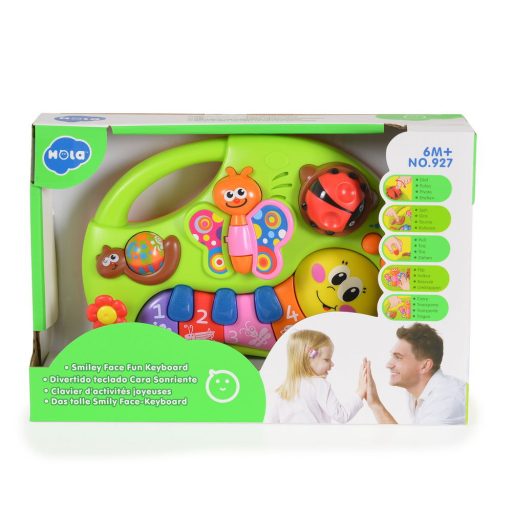 Hola bébijáték, kukac, mosolygós, zenélő, világító gombokkal zöld