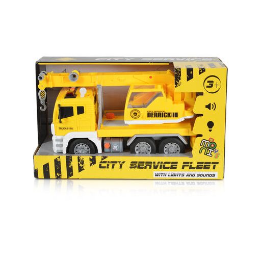 Moni zenélő, világító autó daruval 1:12 sárga