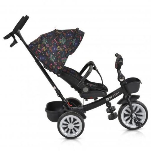 BYOX Space tricikli szülőkaros, 360 fokban forgatható skék/narancs űrhajó minták