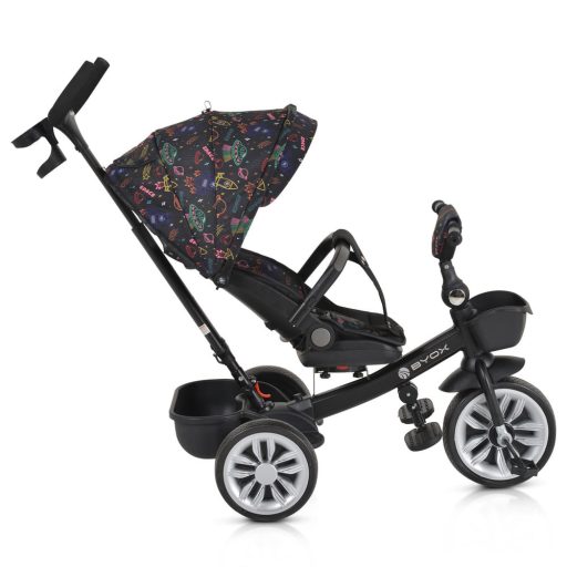 BYOX Space tricikli szülőkaros, 360 fokban forgatható skék/narancs űrhajó minták