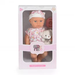MONI Baba 30cm újszülött maciruhában kisnyuszival pink