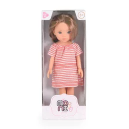 MONI Baba 33 cmes hajasbaba csíkos ruhás, barna hajú pink