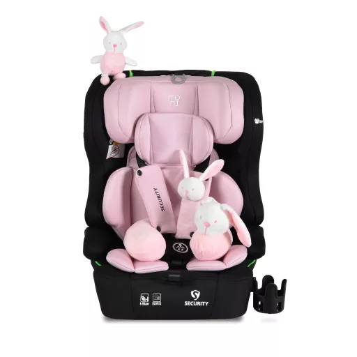 MONI Security autós ülés belső övvel, isofix, ajándék 2plüss+párna 76-150cm pink