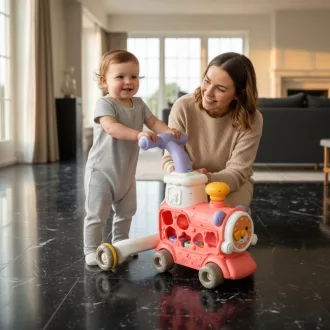   MONI TOYS Happy train járássegítő vonat kockákkal formabedobós pink