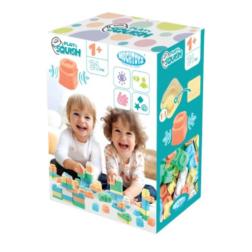 Mochtoys play&squish építőkocka dobozban 24 db-os puha építőjáték pasztell
