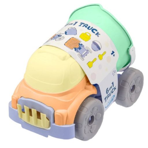 Mochtoys homokozó szett 6 részes, vödrös dömperrel pasztell zöld/sárga