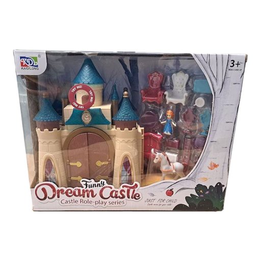 Kastély klt., el., hang-fény, + ló, bútor, babaház, 2 szín, 30x24 cm dob. Gombel.