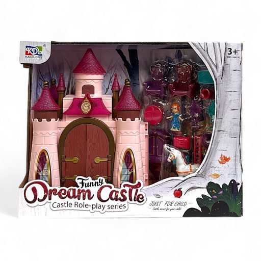 Kastély klt., el., hang-fény, + ló, bútor, babaház, 2 szín, 30x24 cm dob. Gombel.