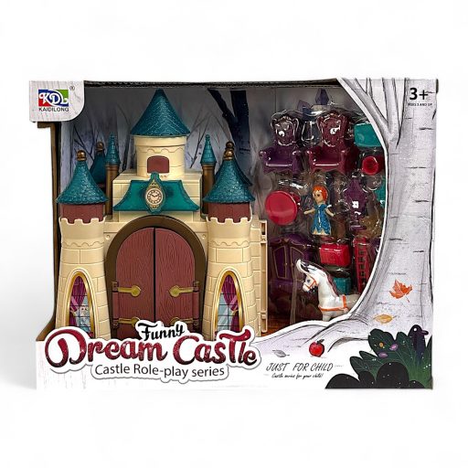 Kastély klt., el., hang-fény, + ló, bútor, babaház, 2 szín, 30x24 cm dob. Gombel.