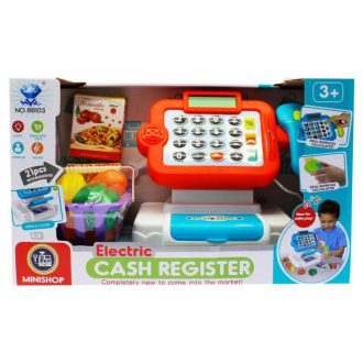   Pénztárgép klt., el., hang+fény, LCD kijelző, számológép, 2 szín, 33x20 cm dob.