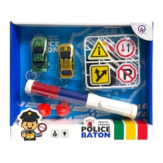   Rendőr klt., forgalom irányító bot, el., hang+fény + 2 db autó, 2 szín, 27x22 cm dob. Gombel.