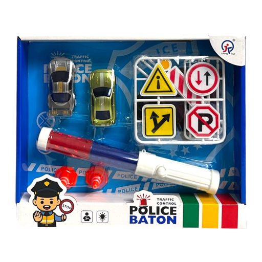 Rendőr klt., forgalom irányító bot, el., hang+fény + 2 db autó, 2 szín, 27x22 cm dob. Gombel.