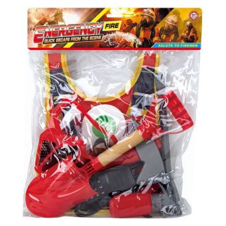   Tűzoltó szerszám klt., mellény, maszk, kieg., jelmez, 33x39+ cm zacsk.