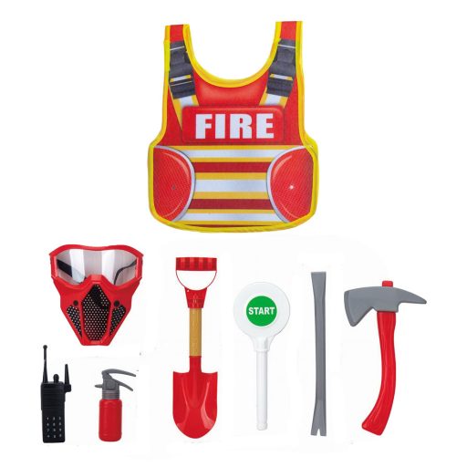 Tűzoltó szerszám klt., mellény, maszk, kieg., jelmez, 33x39+ cm zacsk.