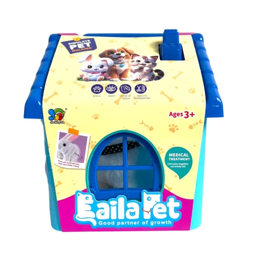 Kutya, plüss, el., jön-megy,+ kutyaház klt., 18x24 cm