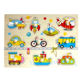 Fa ki-berakó, fafogantyús, járműves, 30x23 cm pvc csom.