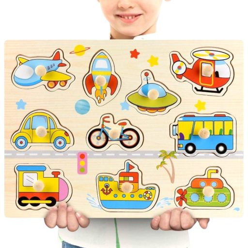 Fa ki-berakó, fafogantyús, járműves, 30x23 cm pvc csom.