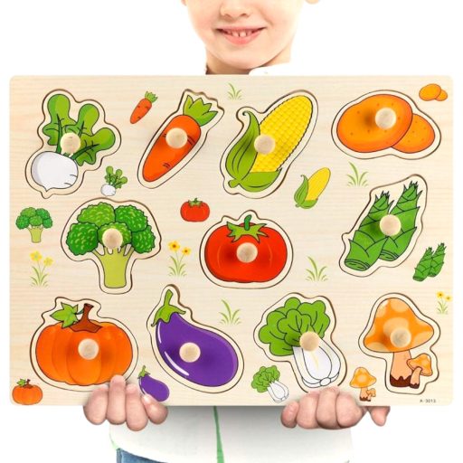 Fa ki-berakó, fafogantyús, zöldségek, 30x23 cm pvc csom.