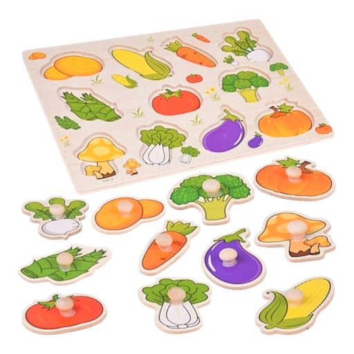 Fa ki-berakó, fafogantyús, zöldségek, 30x23 cm pvc csom.