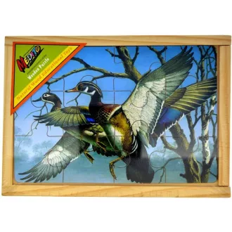   Fa puzzle madaras mintával, 4 kép, 12 db, 20x14 cm fa dobozban.