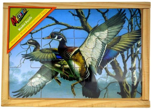 Fa puzzle madaras mintával, 4 kép, 12 db, 20x14 cm fa dobozban.
