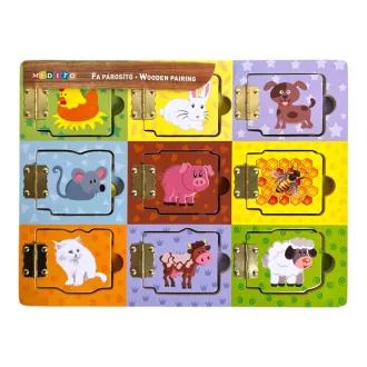   Fa állatok megismerése, oktató, zsanéros ablakok, mágneses mit eszik párosító, 30x21 cm pvc csom