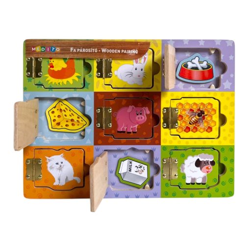 Fa állatok megismerése, oktató, zsanéros ablakok, mágneses mit eszik párosító, 30x21 cm pvc csom