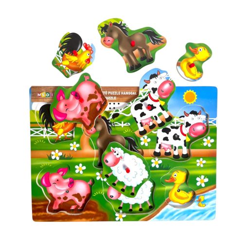 Fa ki-berakó, fogantyús, elemes, 6 farm állat saját hanggal, 30x21 cm pvc csom (2xAAA)