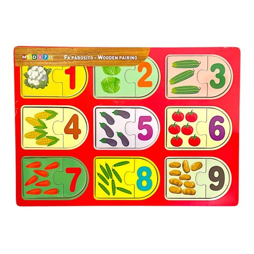 Fa szám párosító puzzle, zöldségek, 9 db, 30x21 cm pvc csom