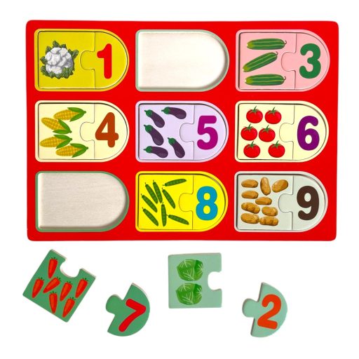 Fa szám párosító puzzle, zöldségek, 9 db, 30x21 cm pvc csom