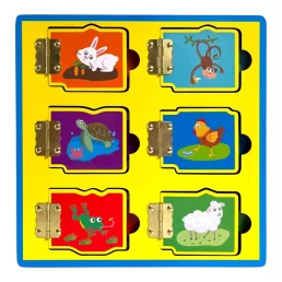   Fa számolás és fejlődés oktató, zsanéros ablakok, mágneses párosító, állatos, 23x23 cm pvc csom