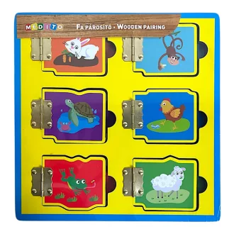   Fa állat számolás és fejlődés oktató, zsanéros ablakok, mágneses párosító 6 ablakos, 23x23 cm pvc csom