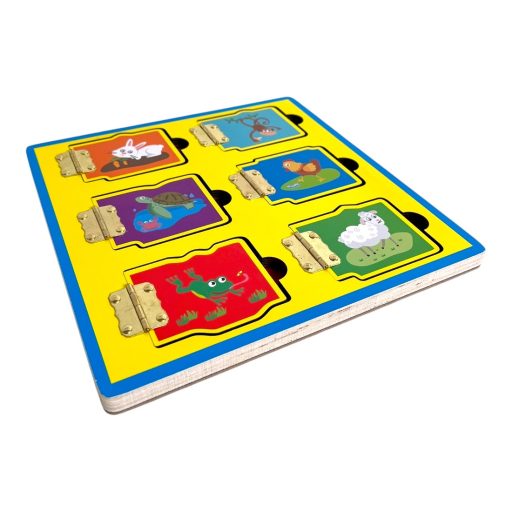 Fa állat számolás és fejlődés oktató, zsanéros ablakok, mágneses párosító 6 ablakos, 23x23 cm pvc csom