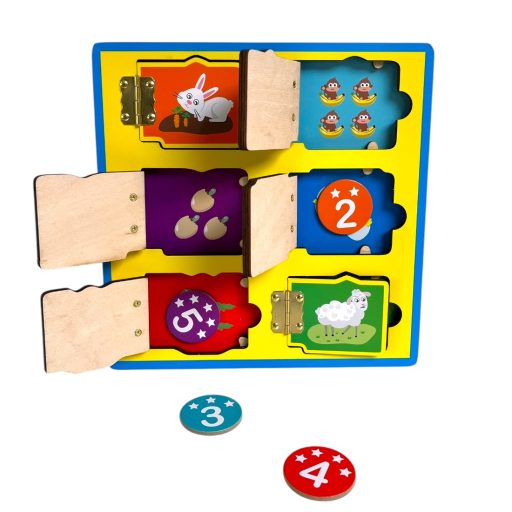 Fa állat számolás és fejlődés oktató, zsanéros ablakok, mágneses párosító 6 ablakos, 23x23 cm pvc csom