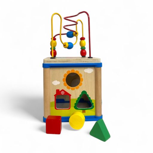 Fa activity kocka, drótpályás ügyességi játék, 20x20 cm.