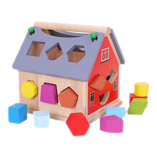 Fa ügyességi ház formaberakós játékkal, 19x19 cm méretben.