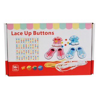 Fa cipőfűző és gombfelvarró oktató játék, 30x23 cm.