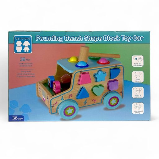 Fa ügyességi busz formaberakós játék, 30x21 cm méretben.