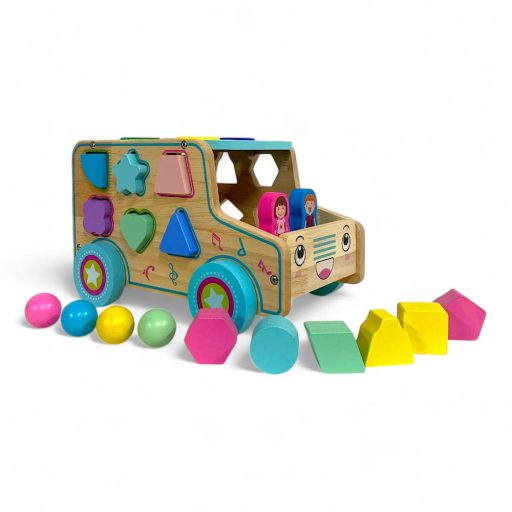 Fa ügyességi busz formaberakós játék, 30x21 cm méretben.