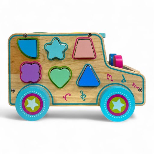 Fa ügyességi busz formaberakós játék, 30x21 cm méretben.