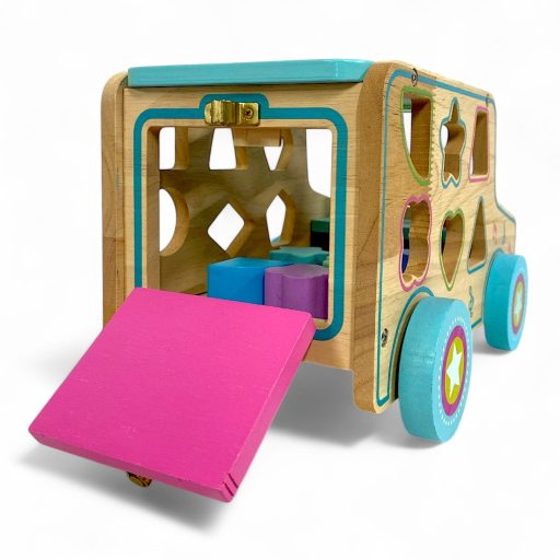 Fa ügyességi busz formaberakós játék, 30x21 cm méretben.