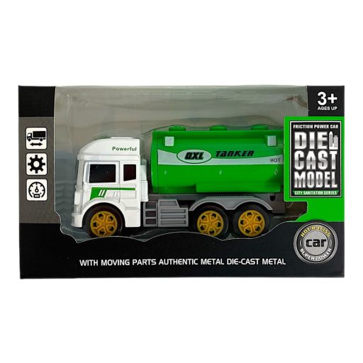 Fém teherautó, 4 féle, lend., kukás/tartályos, 12 cm, 18x11 cm dob.