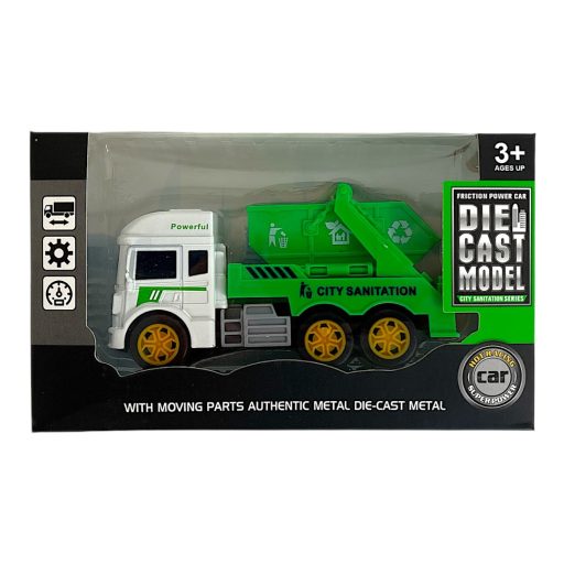 Fém teherautó, 4 féle, lend., kukás/tartályos, 12 cm, 18x11 cm dob.