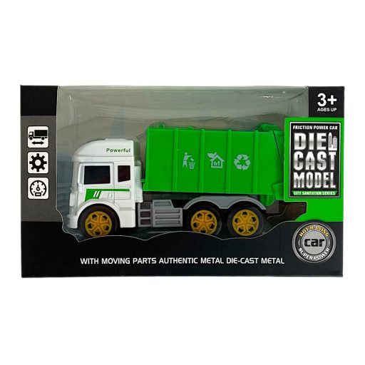 Fém teherautó, 4 féle, lend., kukás/tartályos, 12 cm, 18x11 cm dob.