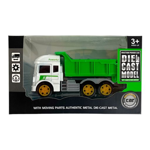 Fém teherautó, 4 féle, lend., kukás/tartályos, 12 cm, 18x11 cm dob.