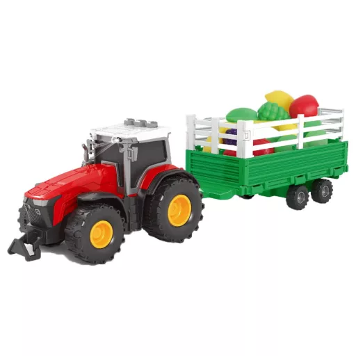 Traktor hang- és fényeffektekkel, pótkocsival és gyűjtődobozban.