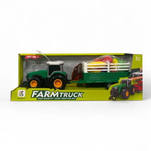 Traktor hang- és fényeffektekkel, pótkocsival és gyűjtődobozban.